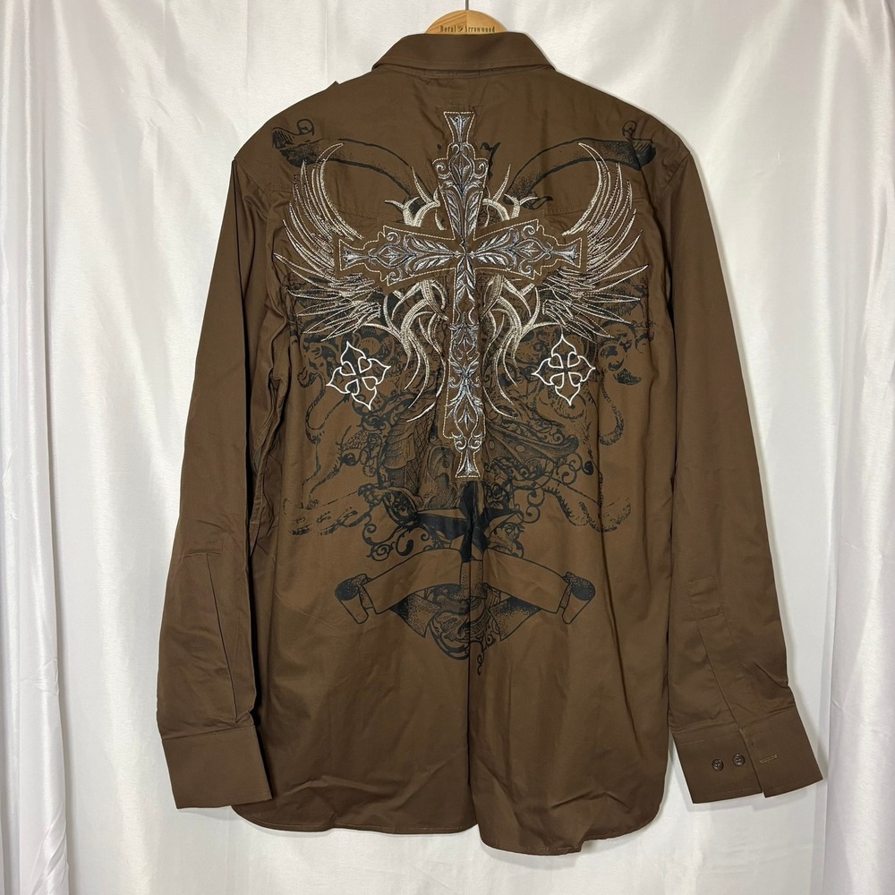NWT Focus Mens Brown Long Sleeve Button Down Shirt Winged Cross Embroidered Y2K